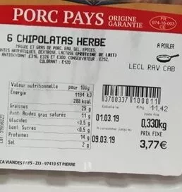 Lista de ingredientes del producto Chipolatas aux herbes Porcidou 330g