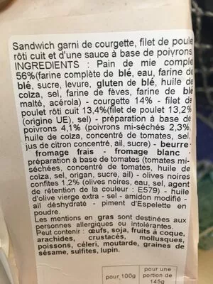 Lista de ingredientes del producto Sandwich club poulet  145 g