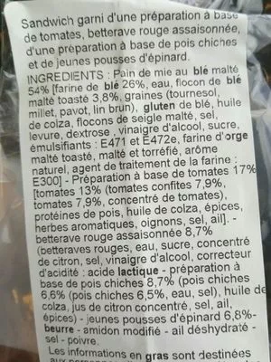 Lista de ingredientes del producto Sandwich club houmous et légumes  145 g