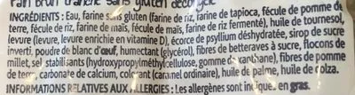 Lista de ingredientes del producto Pain brun sans gluten décongelé Wiso 350 g