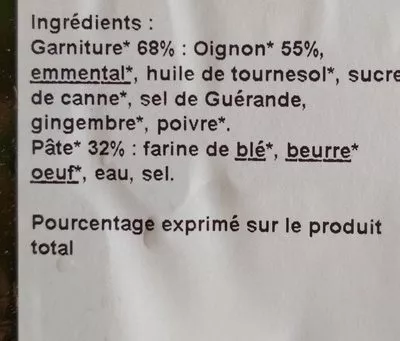 Lista de ingredientes del producto Tartes Façon Pissaladière oignons & emmental Carte nature 230 g