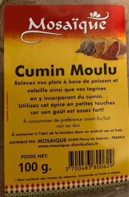 Lista de ingredientes del producto Cumin moulu Mosaïque 100 g