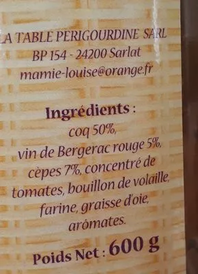 Lista de ingredientes del producto Le Coq au Vin de Bergerac  600 g