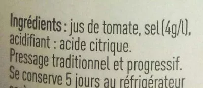 Lista de ingredientes del producto Jus de tomate Le petit producteur 75 cl