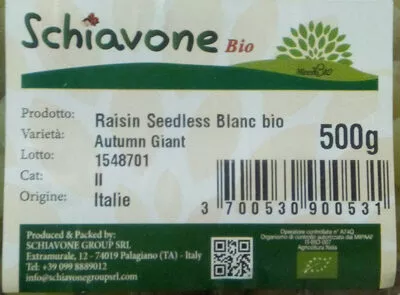 Lista de ingredientes del producto Raisin seedless blanc bio Schiavone 500 g