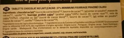 Lista de ingredientes del producto Chocolat lait praliné cajou Belledonne 100 g