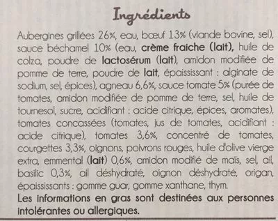 Lista de ingredientes del producto Moussaka et ses légumes grillés Dietbon,  Kitchen Diet,  Kitchen-Diet 300 g e