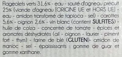 Lista de ingredientes del producto Émincé d’Agneau aux Flageolets Verts et Carottes Dietbon 300 g