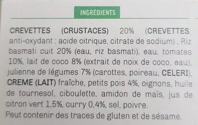 Lista de ingredientes del producto Crevettes sauce Curry Coco et riz aux légumes Kitchen Diet 300 g