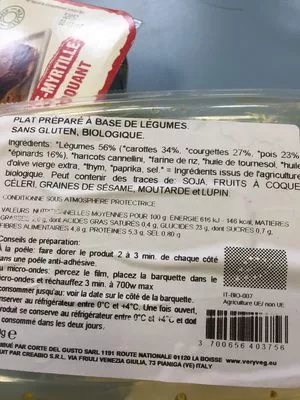 Lista de ingredientes del producto Moelleux aux legumes croquants Very Veg 