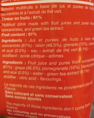 Lista de ingredientes del producto Boisson Grenade Açai & Thé Vert Bahia 330 ml