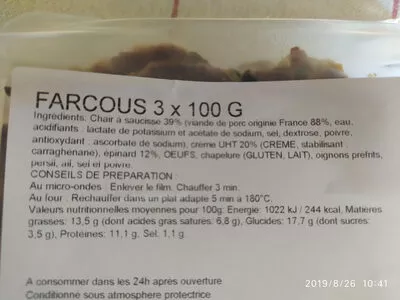 Lista de ingredientes del producto Farçous Aveyronnais  3 x 100 g