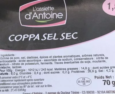 Lista de ingredientes del producto COPPA SEL SEC L'assiette D'Antoine 70 g