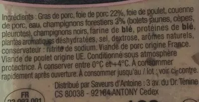 Lista de ingredientes del producto Mousse de foie forestière L'assiette D'Antoine 160 g