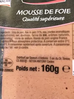 Lista de ingredientes del producto Mousse de foie L'assiette D'antoine 160 g