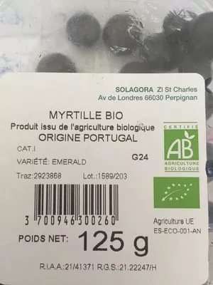 Lista de ingredientes del producto Myrtilles bio Solagora 125 g