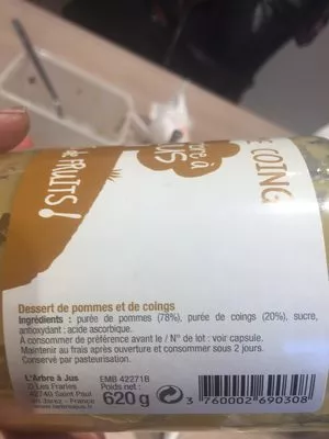 Lista de ingredientes del producto Pomme coing L'arbre À Jus 620 g