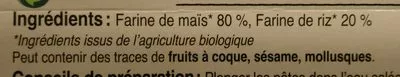 Lista de ingredientes del producto Pâtes BIO maïs et riz sans Gluten Tuttipasta 250 g