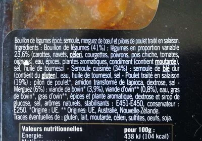 Lista de ingredientes del producto Mon couscous poulet et merguez  