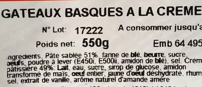 Lista de ingredientes del producto Gâteau Basque à la Crème Pâtissière Miguelgorry 550 g