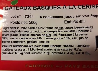 Lista de ingredientes del producto Gâteau Basque à la cerise noire Miguelgorry, Haizegoa 500 g