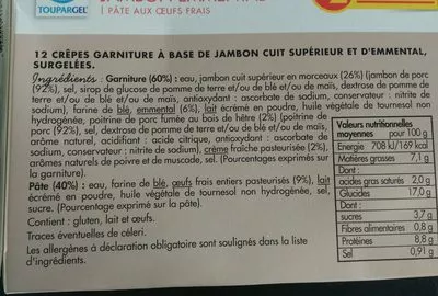 Lista de ingredientes del producto 10 crêpes gourmandes jambon emmental Toupargel 