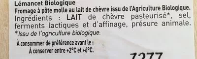 Lista de ingredientes del producto Lémencet biologique Fromagerie de Lémance 200 g