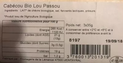 Lista de ingredientes del producto Cabecou Lou Passou 