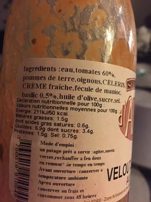 Lista de ingredientes del producto Velouté de tomates au basilic Selection D'Alice 