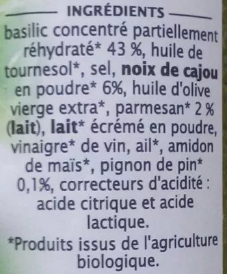 Lista de ingredientes del producto Pesto Basilic Parmesan Jardin Bio', Léa Nature 180 g