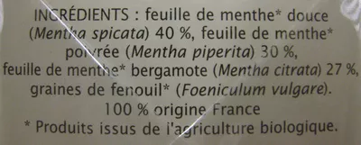 Lista de ingredientes del producto Infusion 3 Menthes Jardin Bio Jardin Bio, LEA Nature 30 g (20 sachets de 1,5 g)