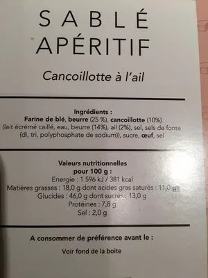 Lista de ingredientes del producto Sablé apéritif Billiotte 