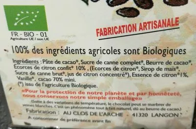 Lista de ingredientes del producto Chocolat noir Le Clos de l'Arche 