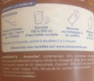 Lista de ingredientes del producto Lait d'Amande Chocolat La Mandorle 400g