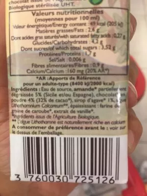 Lista de ingredientes del producto Lait D'amande Chocolat La mandorle 