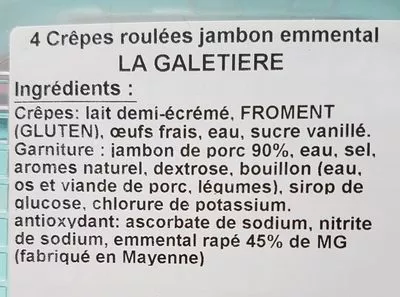 Lista de ingredientes del producto Crêpe  jambon emmental  