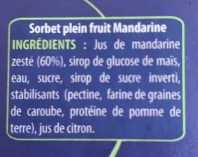 Lista de ingredientes del producto Sorbet plein fruit (60%) mandarine L'Angélys 250