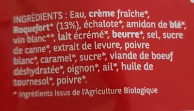 Lista de ingredientes del producto Sauce au roquefort Bio  