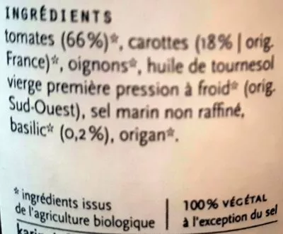 Lista de ingredientes del producto Sauce tomate carottes et basilic Karine & Jeff, Le bonheur est dans le pot 255 g