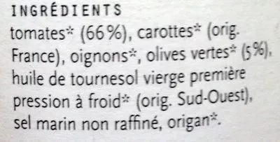 Lista de ingredientes del producto Sauce tomate aux olives Karine & Jeff, Le bonheur est dans le pot 255 g