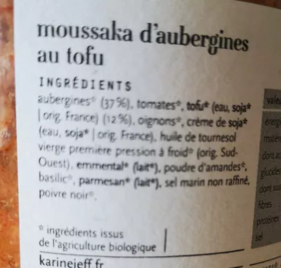 Lista de ingredientes del producto Moussaka d'aubergine au tofu Karine & Jeff, Le bonheur est dans le pot 380 g