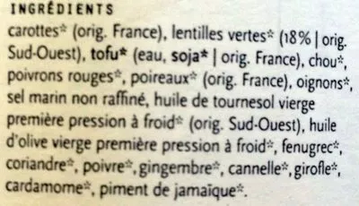 Lista de ingredientes del producto Petit salé aux lentilles vegan Karine & Jeff, Le bonheur est dans le pot 380 g