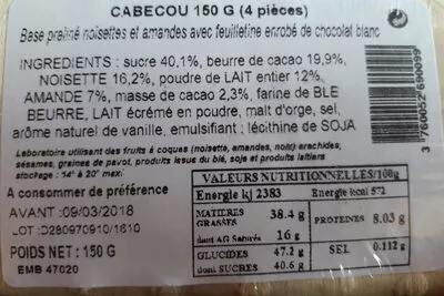 Lista de ingredientes del producto Cabecous au chocolat Maison Guinguet 