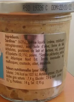 Lista de ingredientes del producto Rillettes de sardine au piment d'espelette Groix & Nature 100 g