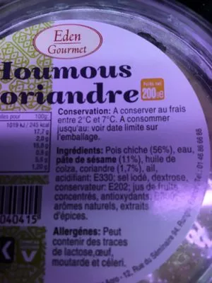 Lista de ingredientes del producto Houmous Coriandre, Eden gourmet 200 g