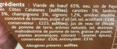 Lista de ingredientes del producto Bœuf Bourguignon Régal Catalan 300 g