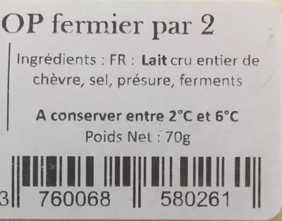 Lista de ingredientes del producto Rocamadour AOP fermier  70 g