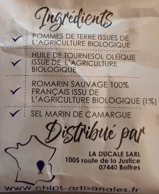 Lista de ingredientes del producto Chips Bio au romarin BCBG, Belles Chips Bon Goût, La Ducale 40 g