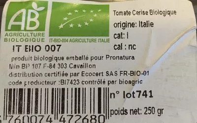 Lista de ingredientes del producto Tomate Cerise biologique Pronatura 250 g