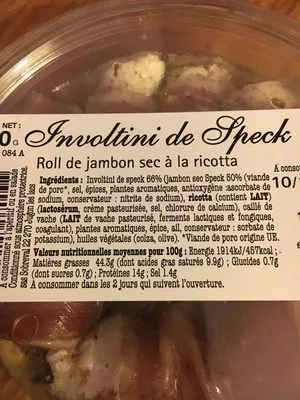 Lista de ingredientes del producto Involtini au fromage et speck mariné Sobreval 